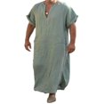 thumbnail image 1 of Mens V Neck Linen Robe Short Sleeve Kaftan Thobe Long Gown Saudi Arab Thobe Islamic Muslim Dubai Robe, 1 of 5