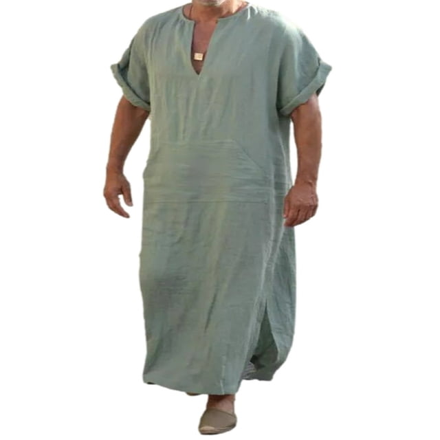 Mens V Neck Linen Robe Short Sleeve Kaftan Thobe Long Gown Saudi Arab Thobe Islamic Muslim Dubai Robe