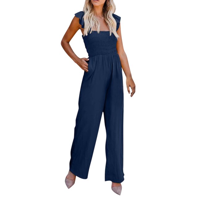 GDREDA Women Casual Jumpsuit Spring Summer Ruffled Straps High Waist Jumpsuit Solid Color Jumpsuit Wide Leg Trousers Jumpsuit Lace Jumpsuits for Women Evening