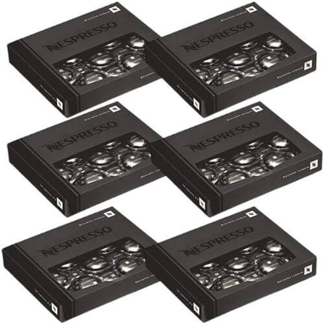 Nespresso Professional Ristretto Intenso Single Serve Coffee Capsules - 300/Case. The image displays six neatly arranged black boxes of Nespresso capsules, each with a transparent window showcasing the coffee pods inside. Ideal for professional settings and compatible with Nespresso machines.