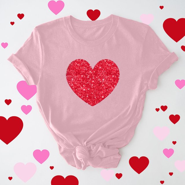 Meichang T-Shirts de la Saint-Valentin pour Femmes Hauts Mignons Imprimé Cœur Hauts Mignons Col Rond Manches Courtes Décontracté T-Shirts de Vacances Saint-Valentin