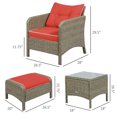 thumbnail image 3 of Outsunny 5 Pieces Wicker Patio Furniture Sofa Set Thick Padded Cushions, Outdoor PE Rattan Conversation Coffee Set with Armchairs, Footstools and Glass Top Table, Red, 3 of 10