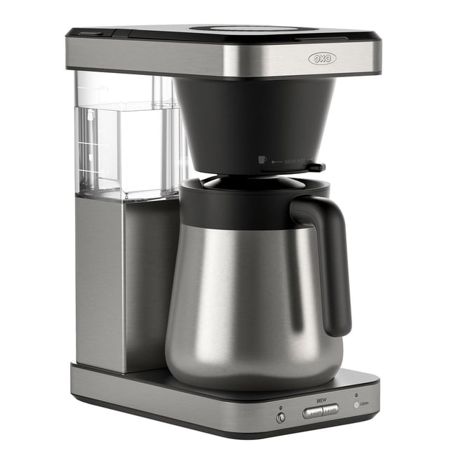OXO Brew 8-Cup Coffee Maker with a sleek stainless steel and black design. Features a double-wall vacuum-insulated thermal carafe, a Rainmaker™ shower head for even water distribution, and a transparent water reservoir with measurement markings. Includes controls for single-serve or full carafe brewing, optimized by BetterBrew™ precision technology for temperature and brew cycle control. Certified by the Specialty Coffee Association (SCA).