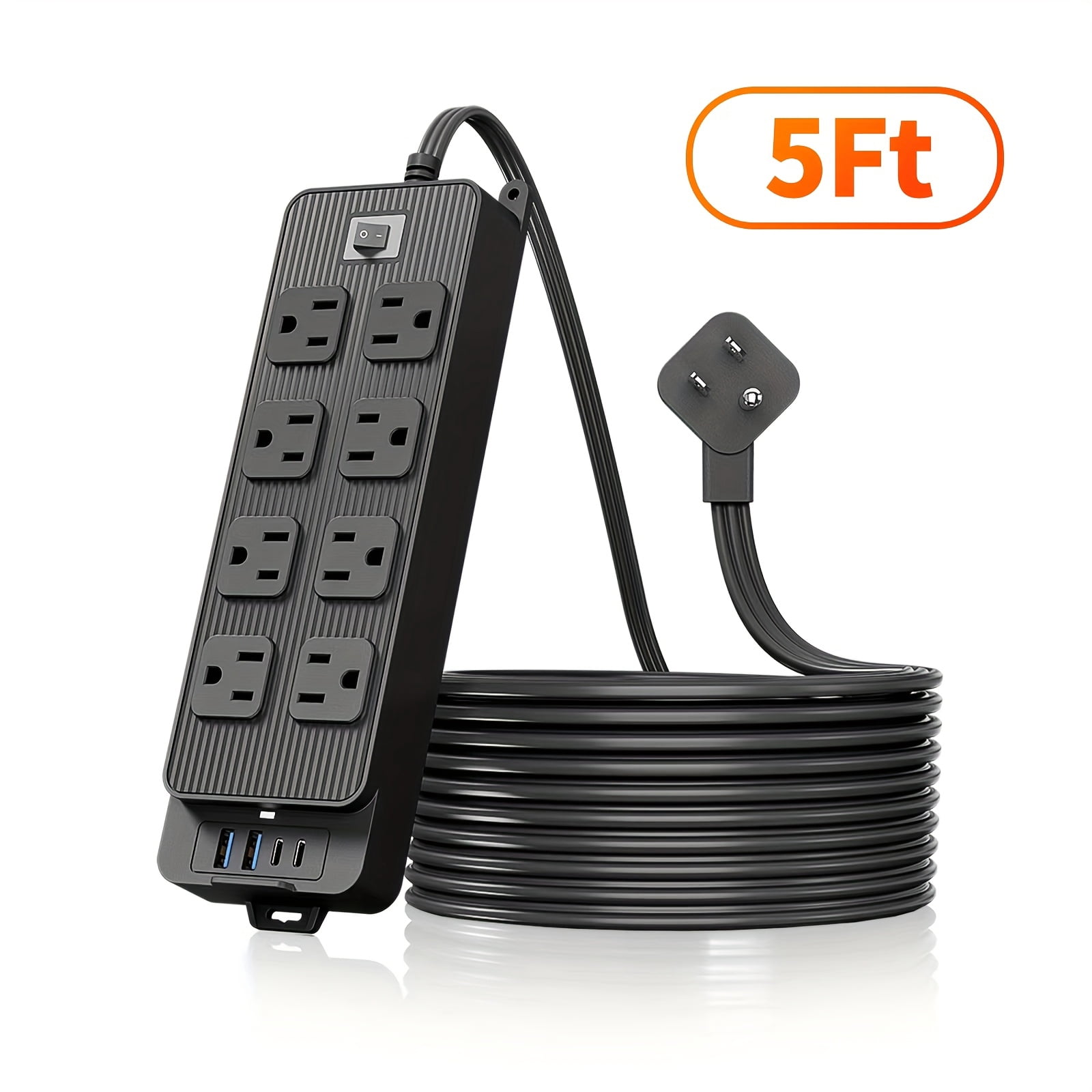 DEBGFS Flat Plug Surge Protector Outlet Extender Power Strip with 5ft Thin Flat Extension Cord  8 Widely Distributed AC Outlets  4 USB Charging Ports (2 USB A & 2 USB C)  Desk Charg,Black,5 Ft