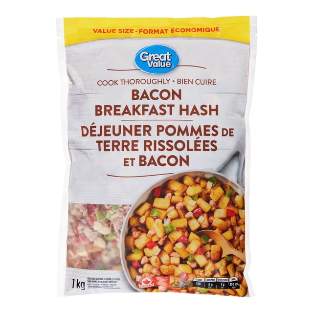 Great Value Pâté de Déjeuner au Bacon, Emballage Surgelé Montrant des Pommes de Terre Assaisonnées en dés, du crumble de Bacon Fumé, des Poivrons et des Oignons dans un Bol avec une Cuillère en Bois, Format de 1 kg avec Texte Bilingue Anglais et Français.