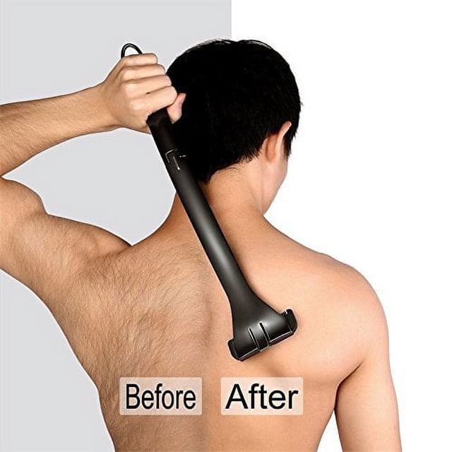 Back Shaver for Men - Razor Extension Handle by Nielieping. A black ergonomic manscape stick designed for shaving back and body hair. The image shows a man using the shaver on his back, with a visible 'Before' and 'After' comparison highlighting effective hair removal. Features a manual folding design with a replaceable head.