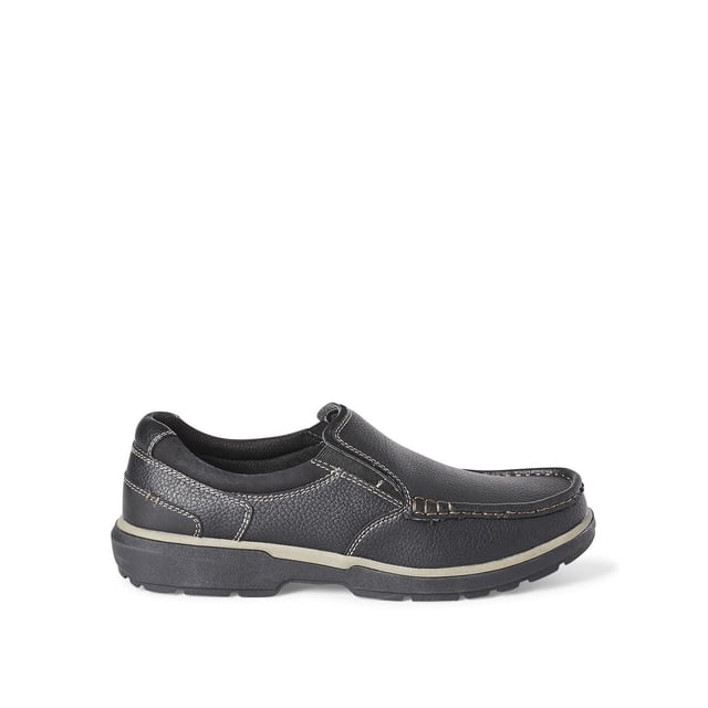 DR SCHOLLS Chaussure Décontractée pour Homme à Enfiler Confortable en Similicuir Noir avec Bout moc à Surpiqûres, Goussets Latéraux Élastiqués pour Enfilage Facile, Semelle Extérieure en Caoutchouc et Semelle Intérieure de Confort Avancé avec Talon en gel, Montrée sur le Profil Latéral sur Fond Blanc, Idéale pour un Usage Quotidien Décontracté.