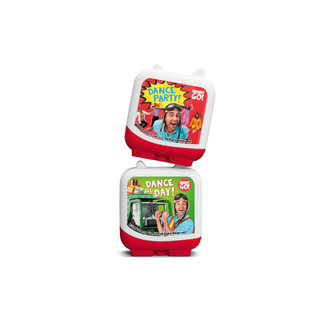 tonies Danny Go! Dance Party Clever Tonies 2 Pack Set with two multicolour square audio figures featuring red bases and white tops, each displaying vibrant dance-themed artwork and text 'Dance Party!' and 'Dance All Day!' for use with Toniebox portable Bluetooth audio players, suitable for encouraging active play and imagination.