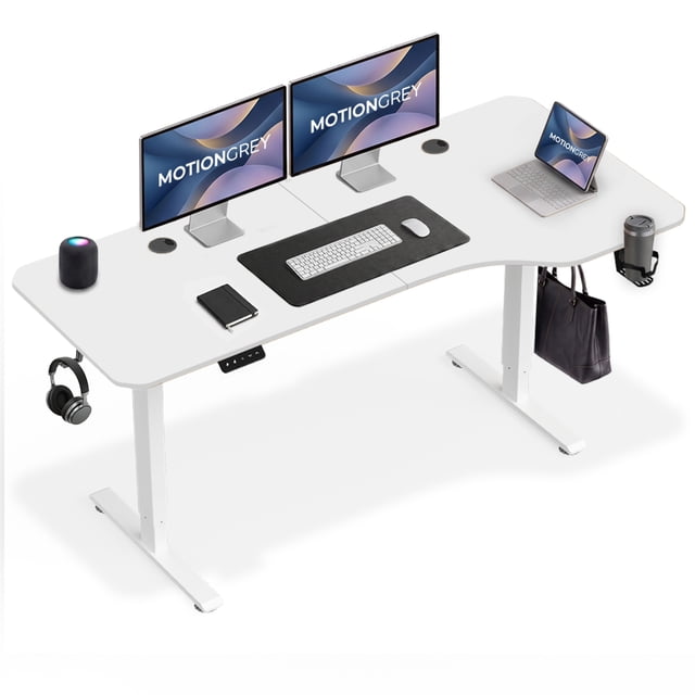 MotionGrey - Ergo2 TG Bureau Debout Électrique en L Droit Réglable avec Paramètres de Mémoire - Dessus Blanc 63"x24 Pouces Cadre Blanc Bureau Ergonomique pour la Maison et le Bureau