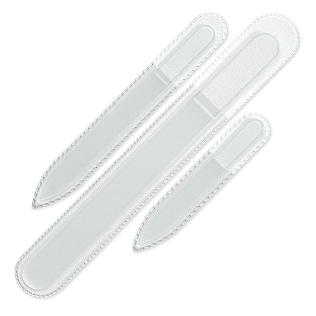 Crystal Nail Files made from premium Czech glass alloy, featuring a double-sided etched design for gentle and effective nail filing. The set includes multiple sizes with pointed tips for precise hangnail removal and cleaning. Each file has a micro-grain abrasive surface for polishing nails and comes with a protective pouch for hygienic storage. Suitable for natural, artificial, and acrylic nails, these lightweight and portable files are ideal for travel or home use.