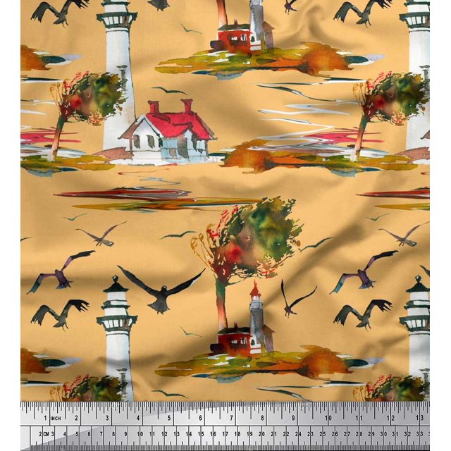 Soimoi Cotton Duck Fabric Lighthouse,Bird & Tree Nature Printed Fabric 1 Yard 42 Inch Wide