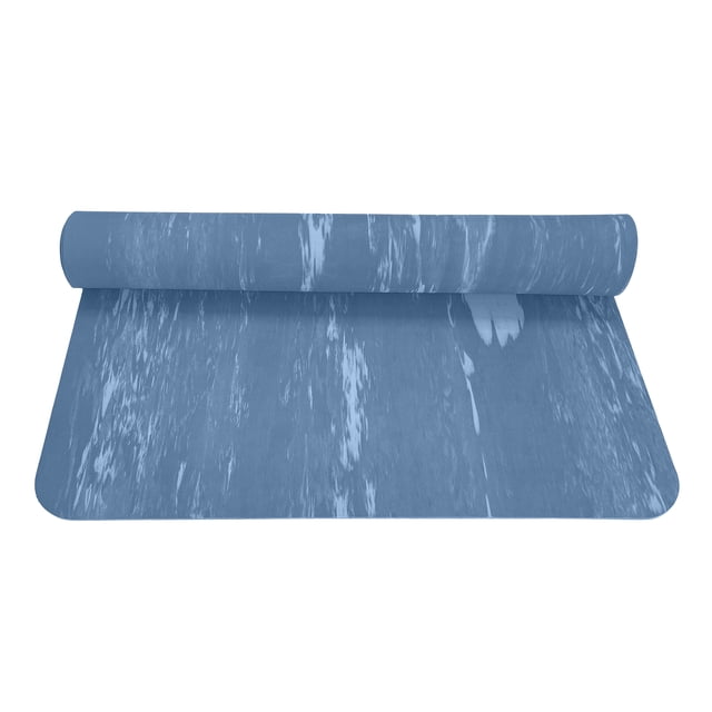 PurEarth Marbel Natural Rubber Yoga Mat in navy blue with a marbled pattern, partially rolled to display its 72 by 27 inch size and 4.5mm thickness, crafted from eco-friendly natural rubber with a non-slip dual surface print for stable, hygienic yoga practice, also suitable for Pilates or floor exercises.