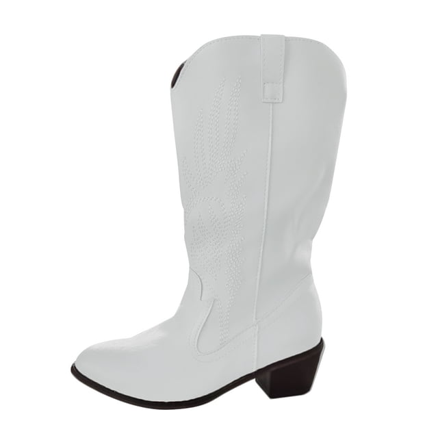 Kcodviy Bottes Mi-Hautes d'Hiver à Enfiler pour Femmes, Bottes Mi-Hautes pour Dames d'Extérieur à Fleurs, Chaussures à Talons Carrés Mi-Hautes pour Femmes, Mi-Hautes pour Femmes, Mi-Hautes pour Femmes