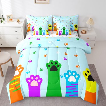 Erosebridal Animal Cat Bedding Queen Size,Cat'S Paw Prints Comforter Sets with Sheets,Kawaii Pet Bedding Sets Queen Size,Lightweight Cartoon Bedroom Decorative,Reversible,7 Pieces