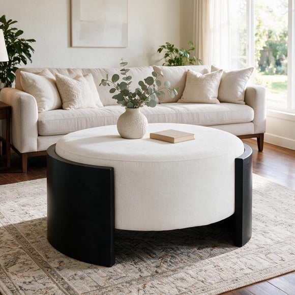 Noble House Table ronde de café 32,28 pouces, panneaux latéraux en bois incurvé avec toit rembourré, capacité de 250 lbs pour salon, couleur blanc + noir