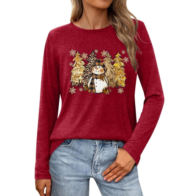 Chemises à Manches Longues pour Femmes Tendance Lot Hauts à Manches Longues pour Femmes Chic Décontracté Printemps 2026 T-Shirt de Noël pour Femme T-Shirt à Imprimé Lettres de Noël T-Shirt Graphique Arbre de Noël Col Rond Haut à Manches Longues m