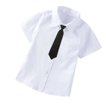Zwiiyzr 2025 Toddler Kids Boys Short Sleeve Dress Shirt Gentleman's School Uniform Shirt Fashion Short Sleeve Solid Colour Shirt White - Black Tie
