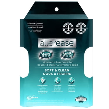 AllerEase CleanBoost Soft & Clean Bed Pillow Cover Protector  Queen - Zippered, Allergy Defense