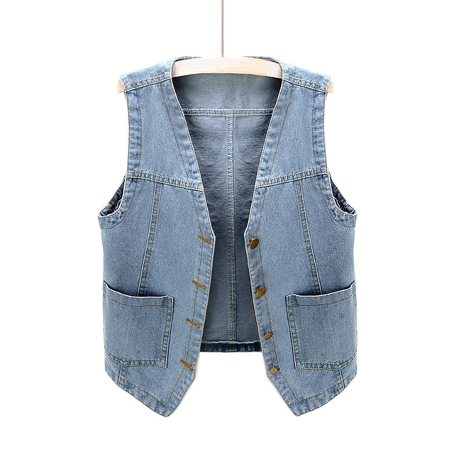 Veste en Denim Élégante pour Femme Gilet en Jean Sans Manches Col en V Décontracté à Boutons Manteau Tendance pour la Mode de Tous les Jours