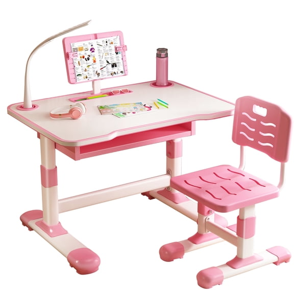 TidBay Kids Study Desk Chair Set, Height Adjustable Toddlers Writing Table with Tiltable Reading Stand LED Table Light, Living Room Bedroom Children Learning Table with Extra Large Drawer