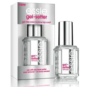 Essie Nail Polish Gel Setter, 13.5 ML clear gel-like top coat in a rectangular glass bottle with silver cap, shown inside and outside its white and pink branded box, designed to add shine and strength to manicures and pedicures.