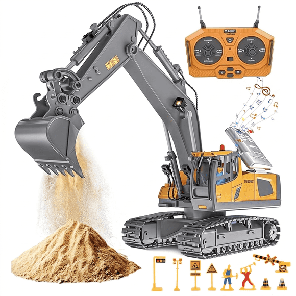 Anpro Remote Control Excavator Toys for Kids, 11 Channel RC Construction Vehicles Toys with Metal Shovel, Lights & Sounds, Gift for Age 3+ Boys Girls