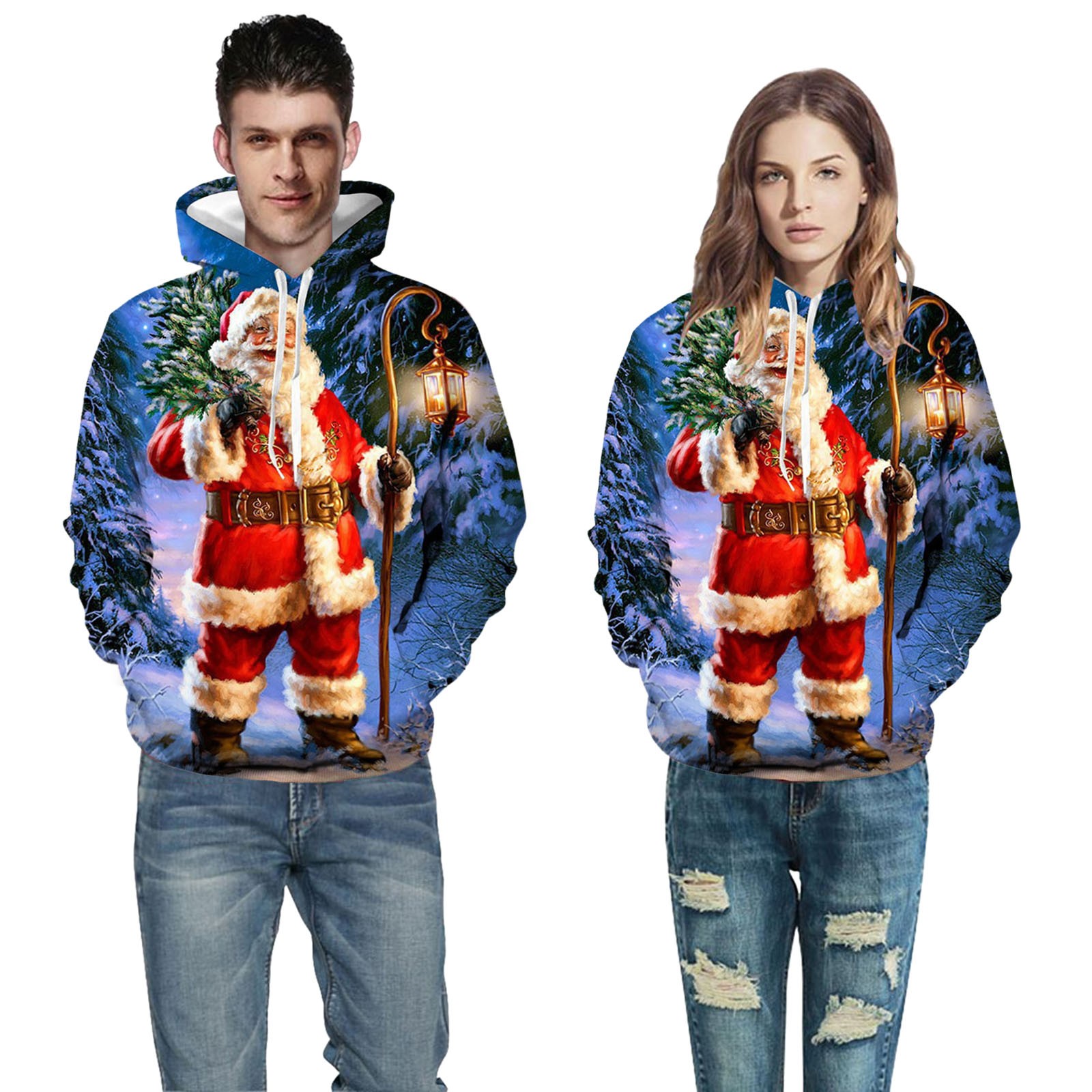 Couple Sports Vacances Sweater Imprimé Coloré Père Noël Chandail à Capuche pour Femmes en Liquidation
