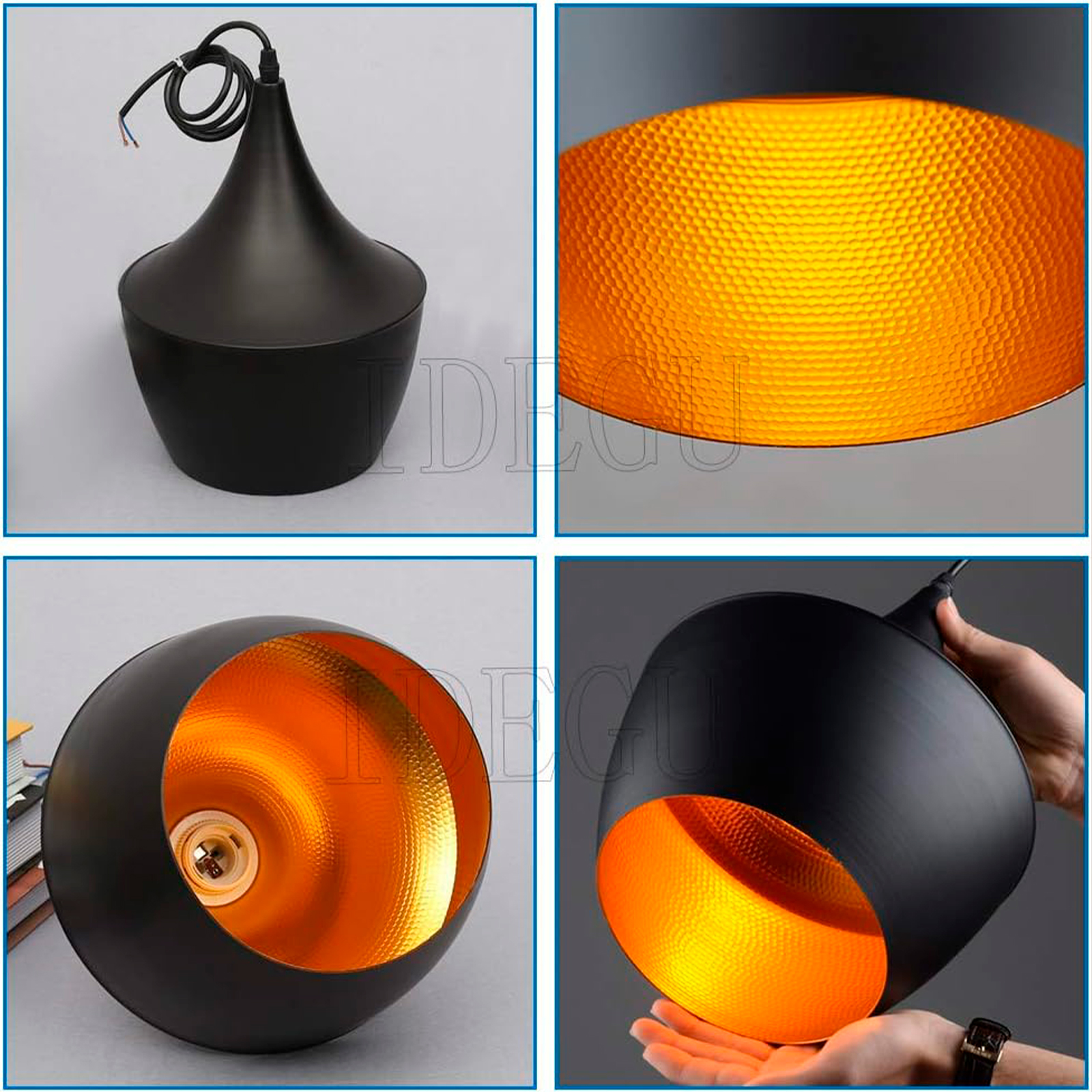 Heavenly Collections | Suspension Larme Moderne - Plafonnier Suspendu Noir Mat Style Mid-Century - Lustre Goutte Contemporain avec Intérieur en Feuille d'Or Martelée