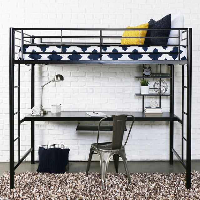 Pemberly Row Lit Mezzanine Complet Moderne en Métal Acier avec Poste de Travail, Blanc Tendance