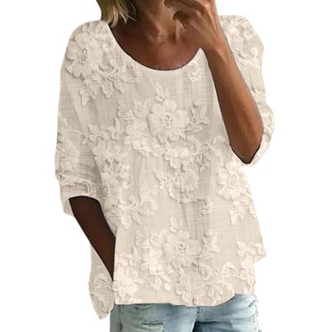 Breezora Lightweight Women's Floral Blouse Easy Care T-Shirt with Three Quarter Sleeve and Relaxed Silhouette L Size Light Yellow