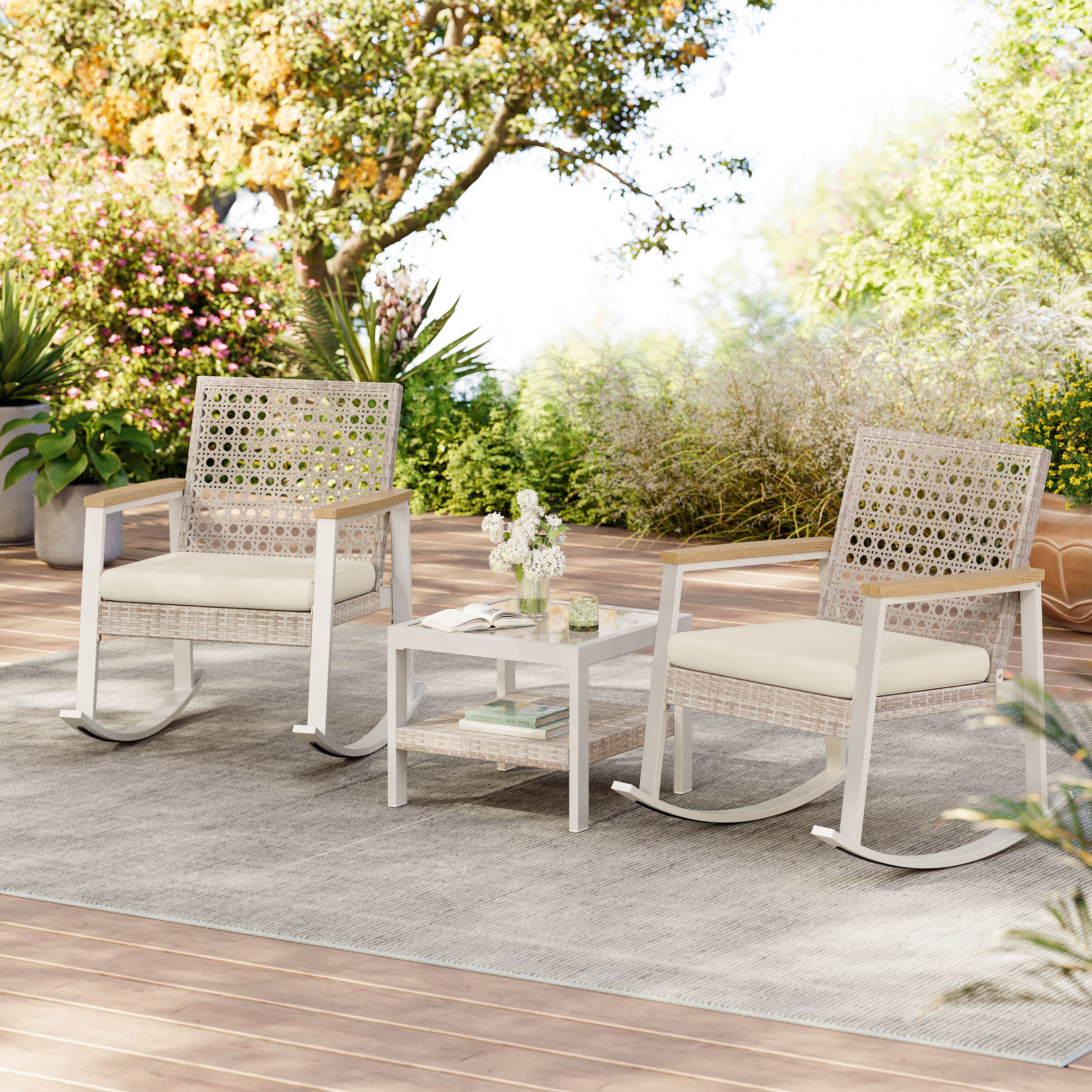 SONGMICS HOME Collection Sencillo Ensemble de fauteuils à bascule 3 pièces en acier pour l'extérieur, Couleur Os