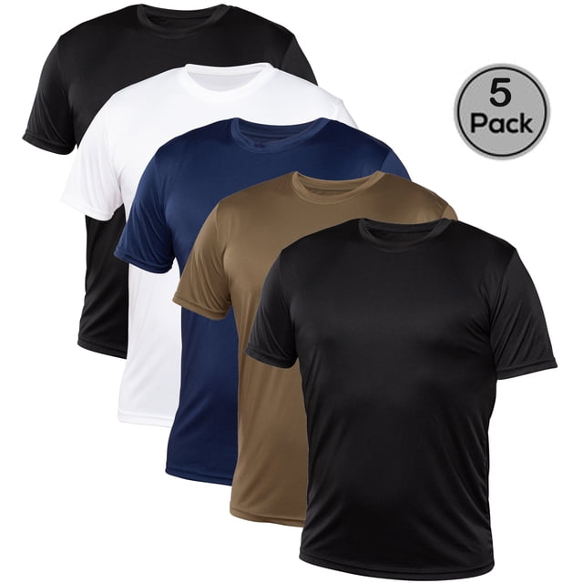 Blank Activewear Pack of 5 Men's T-Shirt in black, white, navy, and brown colors, made with 100% Quick Dry Performance fabric. Features short sleeves, crew neck, moisture-wicking, breathable, and anti-snag properties. Fabric weight is 140 GSM. Designed for running, exercise, sports, and everyday use. Includes double-needle stitching and reinforced shoulder seams for durability.