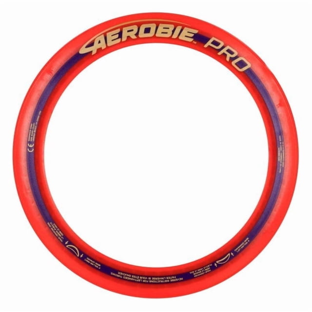 Aerobie Pro Ring Flying Disc in red, 13-inch diameter thin aerodynamic ring with soft TPR grip edges and open center, ideal for long-distance throws in outdoor games and backyard play, supporting versatile catching styles.