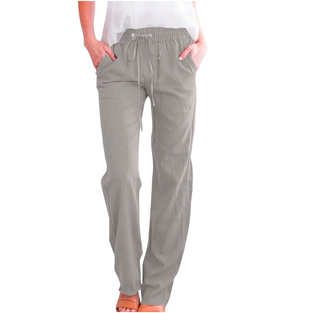 Timegard Womens Cotton Linen Pants Elastic Waisted Drawstring Straight Leg Solid Color Casual Pants