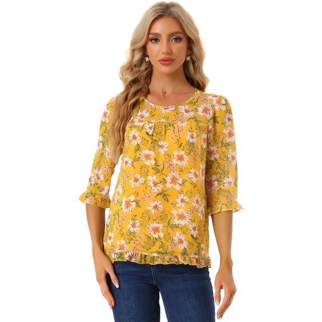 INSPIRE CHIC Women's Saint Patrick's Day Floral Print Chiffon Ruffle 3/4 Sleeve Flowy Blouse Yellow XL