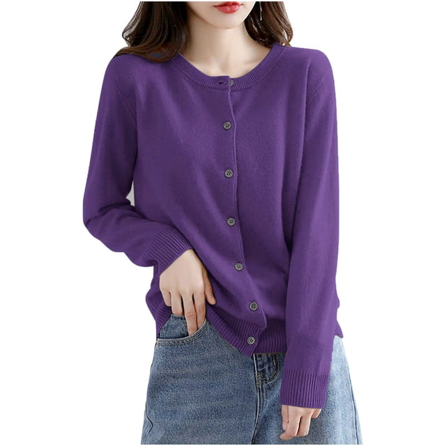 Womens Lightweight Knit Cardigan Long Sleeve Button Down Cardigans Sweater Fall Soft Crew Neck Shrugs Tops Purple, 2XL