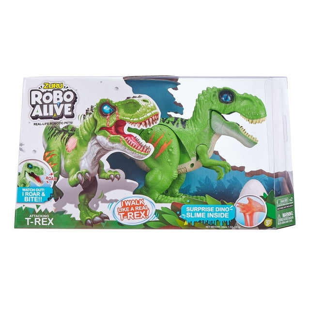Robo Alive Attacking T-Rex Series 2 Dinosaur Toy by ZURU battery-powered robotic T-Rex, centered front-facing view with articulated legs and open chomping jaw, real looking eyes and a glow-in-the-dark scar, posed as if roaring; includes a Dino Egg with surprise glow-in-the-dark slime inside, suitable for toy dioramas.
