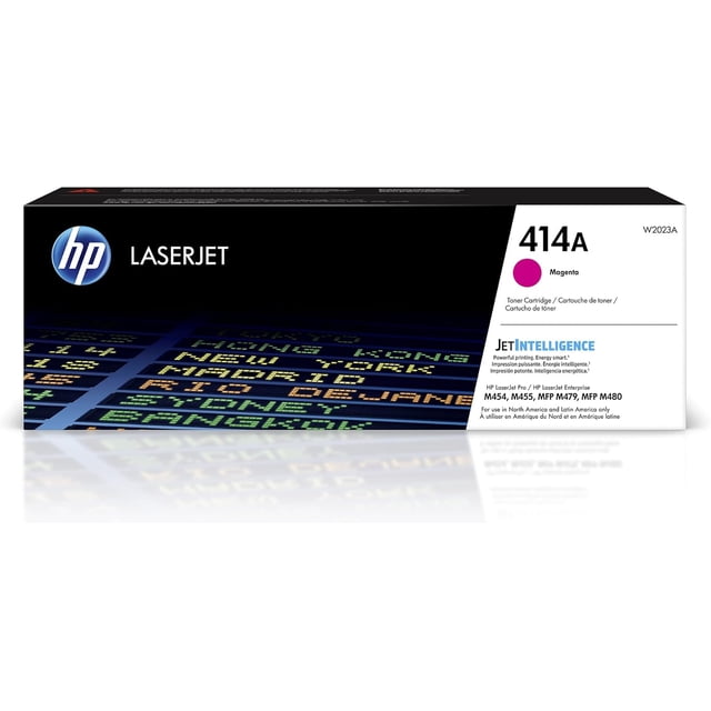 HP 414A W2023A Cartouche de toner laser magenta en Boîte avec Technologie JetIntelligence, compatible avec les Imprimantes HP LaserJet Pro M454, M455, MFP M479 et MFP M480, Affichant le logo HP et l'Indicateur Couleur magenta sur un Paquet Noir et Blanc.