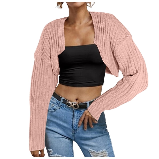 Women's Ribbed Knit Crop Cardigan Long Sleeve Open Front Loose Fit Drop Shoulder Lightweight Comfortable Sweater Top