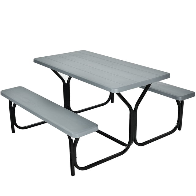 Costway Picnic Table Bench Set with integrated design, featuring a grey HDPE wood-like textured surface and black powder-coated steel frame. Includes a rectangular table and two attached benches, ideal for four people. UV-protected, weather-resistant, and easy to clean, suitable for gardens, patios, camping, or riverside gatherings.