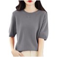 thumbnail image 2 of AherBiu Hauts d'Été pour Femmes Col Rond Manches Mi-Longues Chemises Unies Décontractées Coupe Ample T-Shirts Basiques Blouses, 2 of 5