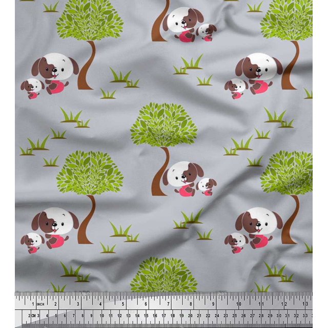 Soimoi Poly Georgette Fabric Tree & Dog Kids Print Sewing Fabric Yard 42 Inch Wide