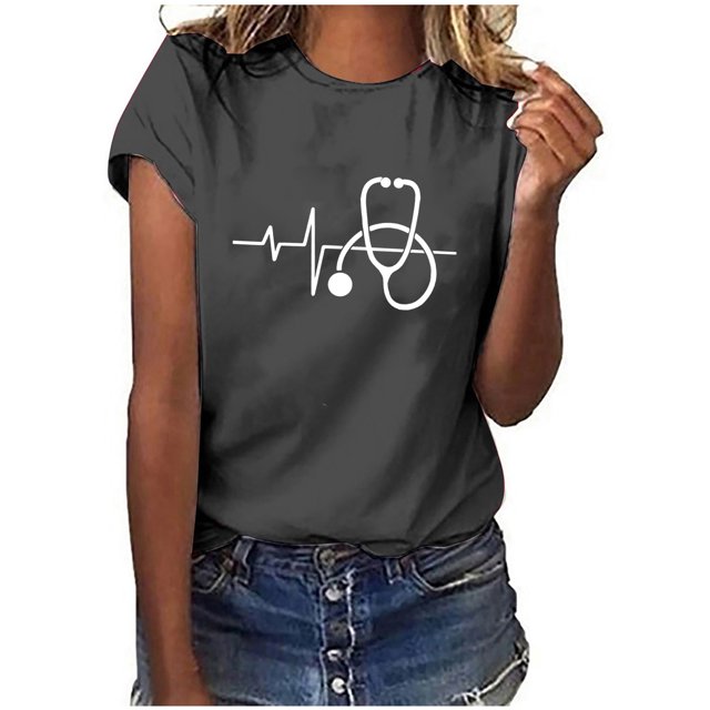 T-shirt Blouse Décontractée pour Femmes à Manches Courtes Imprimée pour la Journée des Infirmières