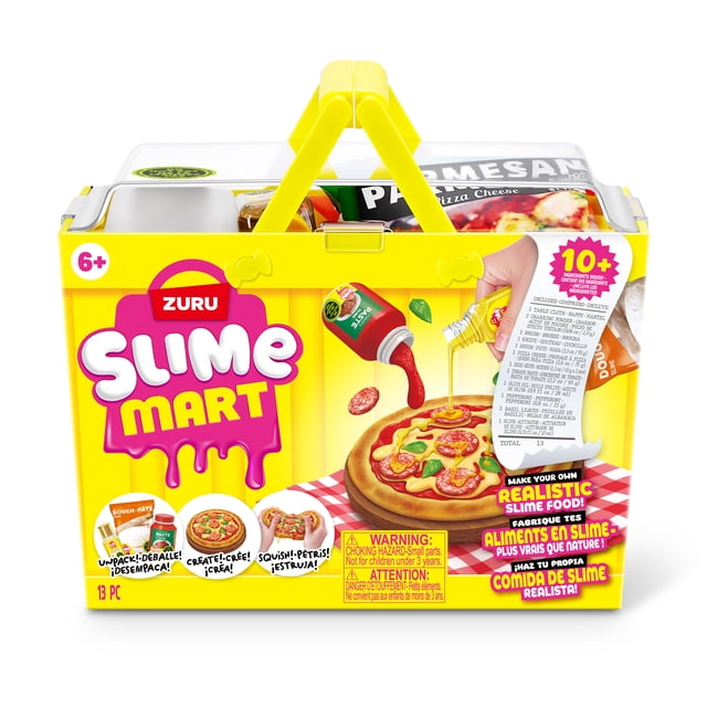 Slime Mart Petit Panier (PIZZA) par ZURU Est un Panier en Plastique Jaune avec une Poignée, Présentant des Graphiques à Thème PIZZA Montrant de la sauce et de l'Huile Slime Coulées sur une base de PIZZA Slime, Conçu pour un Jeu Sensoriel Créatif avec Plus de 10 Ingrédients Inclus pour Fabriquer des Aliments en Slime Réalistes, Idéal pour les Enfants de 6 Ans et Plus.