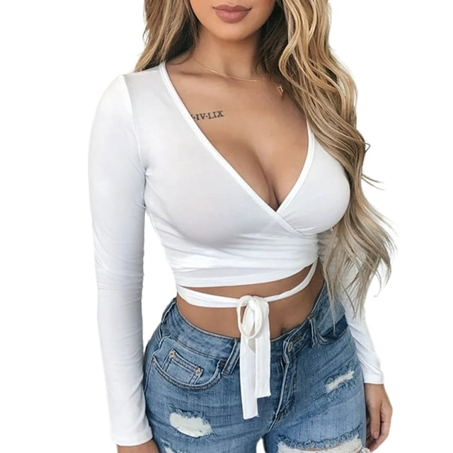Womens Wrap Crop Top Deep V-Neck Knot Front Long Sleeve Basic Tee Strappy Blouse