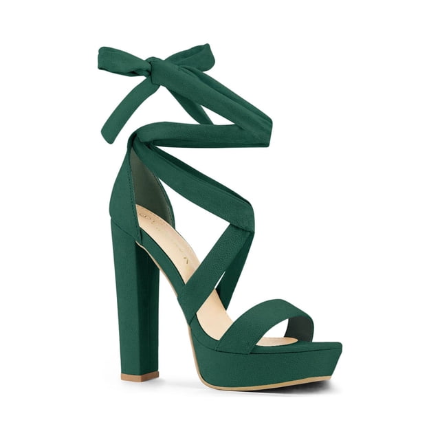 BLISSFUL STEP Women's Shoes Platform High Heel Lace Up Open Toe Chunky Heel Sandals Emerald Green 10.5
