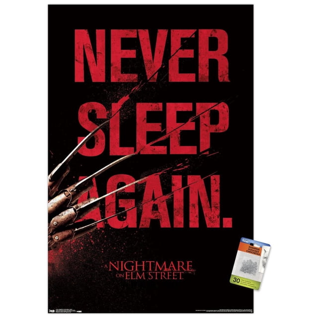 Un Cauchemar sur Elm Street - Affiche Murale de Sommeil, 22,375 Pouces x 34 Pouces Encadrée, avec Texte Rouge Audacieux et Usé « Ne Jamais Dormir de Nouveau. » sur Fond Noir et Gant Griffe en Métal de Freddy Krueger Traversant le Texte, Idéal pour la Déco de Chambre d'Horreur Ou les Fêtes à Thème.