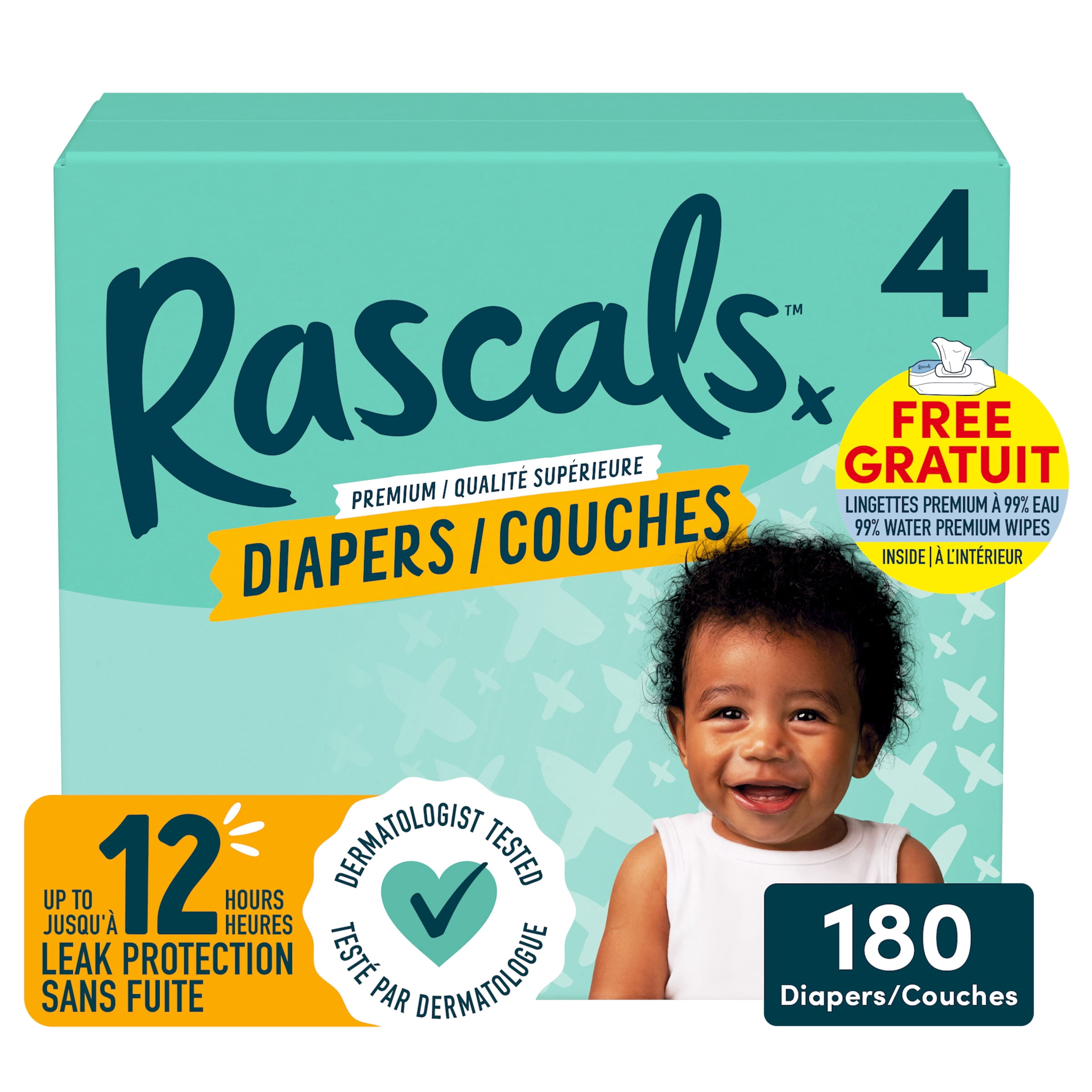 Rascals Premium Absorbent Baby Diapers Size 4, Mega Carton, 180 Count includes 5 99% Water Premium Wipes
