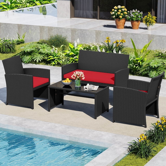 Costway 4 PCS Patio Conversation Set with Seat Cushions & Tempered Glass Tabletop, Porch Red+Black