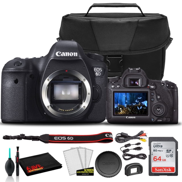 Canon EOS 6D DSLR Camera (Body Only) bundle featuring a full-frame 20.2MP sensor, DIGIC 5+ image processor, and ISO sensitivity up to 102400. Includes a black shoulder bag, SanDisk Ultra 64GB SDXC memory card, cleaning set, and accessories such as a neck strap, USB cable, and rechargeable battery. The camera is shown with its front and rear views, highlighting the 3.0-inch LCD monitor and lens mount. Additional items like screen protectors and a cleaning blower are also displayed.